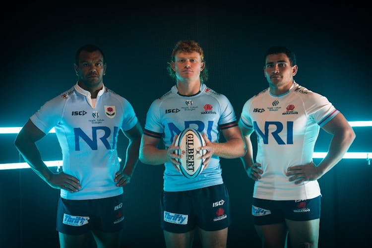 Kurtley Beale, Tane Edmed and Izaia Perese (from left) show off the Waratahs' heritage, home and away jerseys for 2023. Photo supplied
