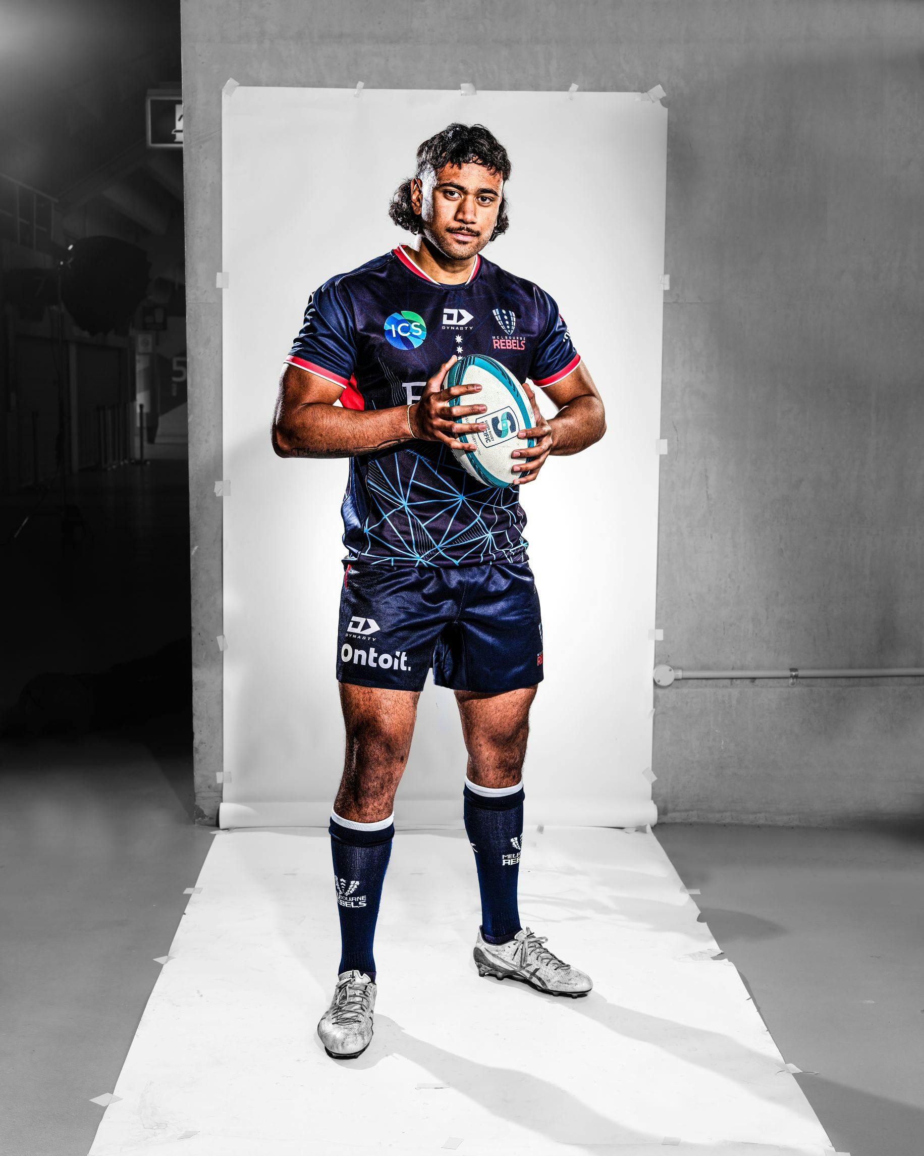 Rookie Melbourne Rebels lock Daniel Maiava in the club's new home jersey